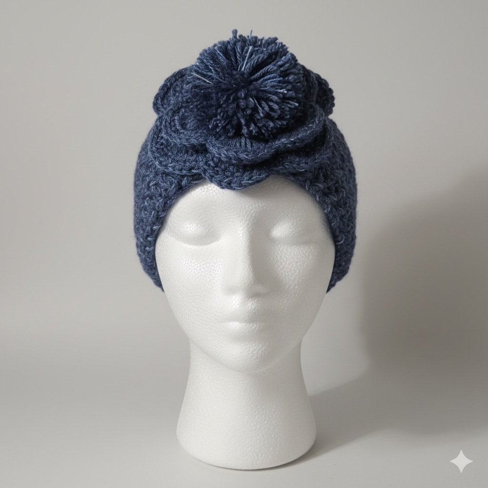 Chic Navy Knit Headband with Pom Pom